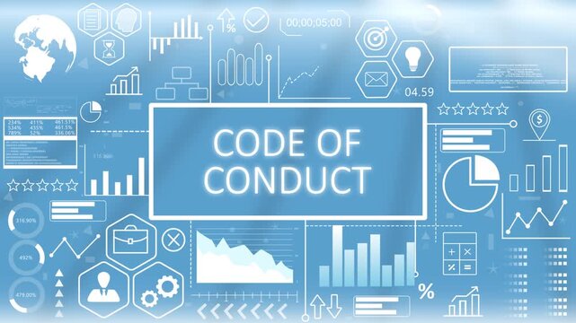 Code of Conduct, Animated Typography.Corporate code of conduct and compliance dashboard concept showing ethical standards and management metrics on a blue graphic screen.
