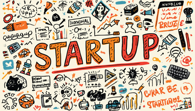 A creative illustration featuring the word Startup surrounded by various hand drawn business doodles and sketches isolated on a white background.