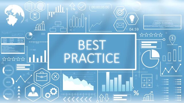 Best Practice, Animated Typography.Corporate best practice and optimization dashboard concept showing quality performance standards and industry benchmark charts.