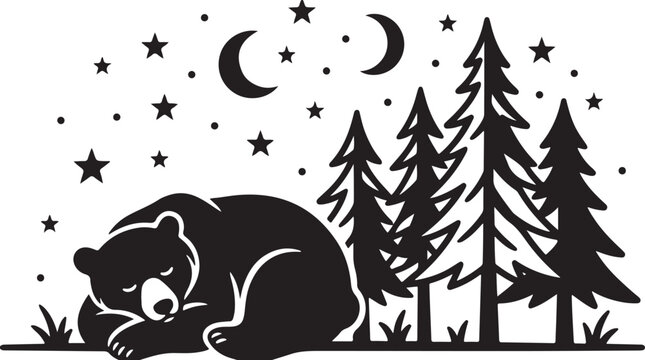 Black bear silhouette, sleeping bear icon, night forest scene, vector illustration