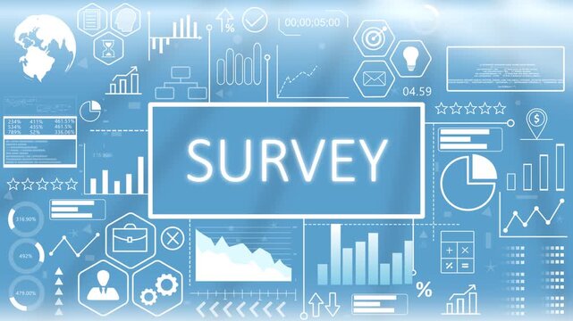 Survey, Animated Typography.Digital survey and feedback evaluation screen featuring a glowing blue business interface with abstract customer performance charts.