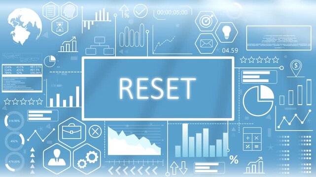 Reset, Animated Typography.Digital system reset dashboard concept showing corporate standards and software database reboot metrics on a blue graphic screen.