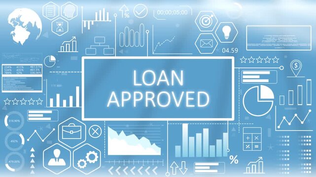 Loan Approved, Animated Typography.Financial loan approved dashboard template with a glowing blue digital banking interface and credit score analytics charts.