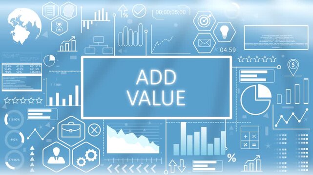 Add Value, Animated Typography.Corporate add value dashboard concept showing quality improvement metrics and business asset optimization charts on a blue graphic screen.