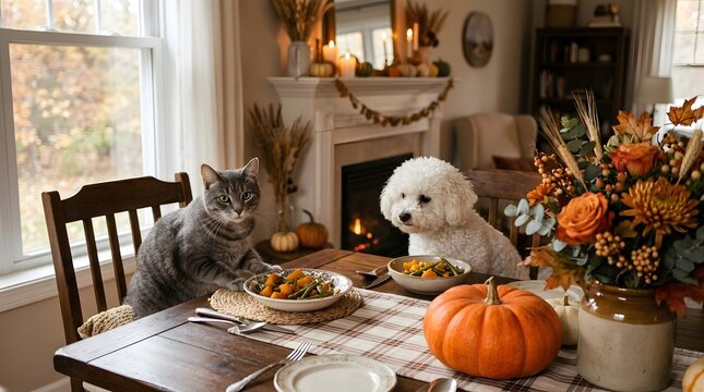 Festive fall table setting with cat and dog thanksgiving or autumn dinner scene
