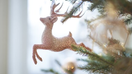 Fototapeta premium Decorative reindeer ornament hangs on a Christmas tree branch with lights in a cozy indoor setting during winter holidays