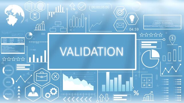 Validation, Hologram Concept Virtual Reality.Corporate validation and quality assurance dashboard concept showing product compliance metrics and testing charts on a blue graphic screen.
