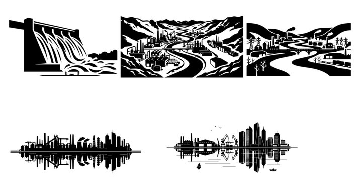 Industrial landscape collection dams factories cityscapes in black and white