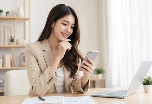 A young woman in a beige blazer smiles while using her smartphone at a desk with a laptop and notepad. Modern workspace and technology.