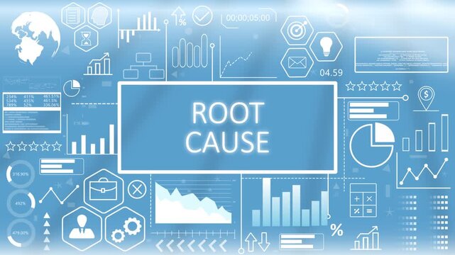 Root Cause, Hologram Concept Virtual Reality.Root cause analysis dashboard concept showing problem solving methodology and business system troubleshooting metrics on a blue graphic screen.