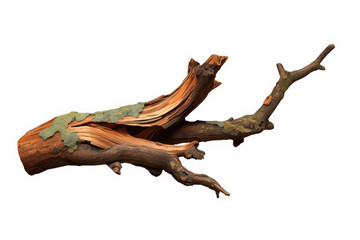Fototapeta premium Weathered driftwood branch with cracked bark and moss, showing organic texture and natural decomposition on transparent background
