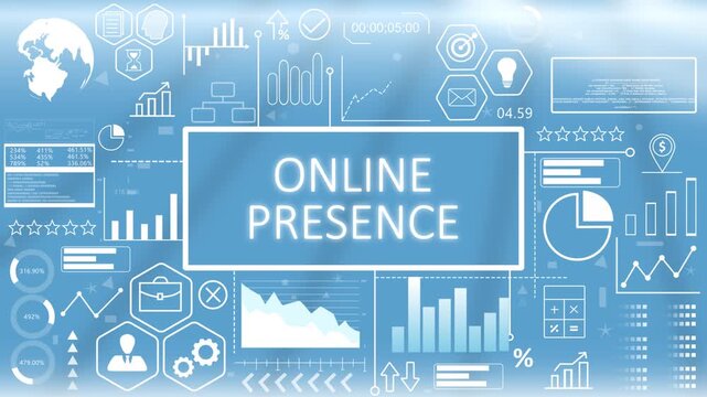 Online Presence, Hologram Concept Virtual Reality.Online presence and digital marketing strategy dashboard concept showing brand visibility and web traffic metrics on a blue graphic screen.