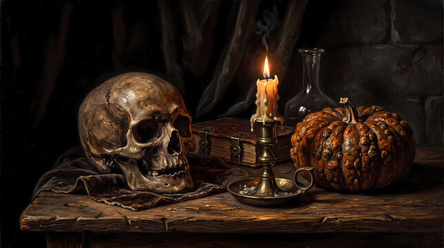 Skull candle pumpkin still life . Halloween Background. Halloween Concept