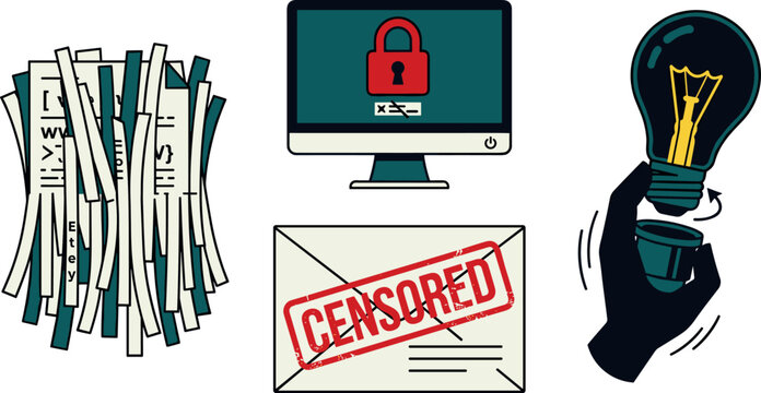 Information Censorship and Control Concept Icon Set Featuring Shredded Documents Blocked Computer Screen Censored Envelope and Unscrewing Light Bulb Vector Graphic