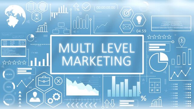Multi Level Marketing, Hologram Concept Virtual Reality.Multi level marketing network dashboard concept showing corporate affiliate structure and sales referral metrics on a blue graphic screen.
