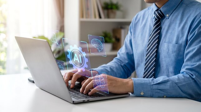 Artificial intelligence integration business professional working on laptop with ai interface