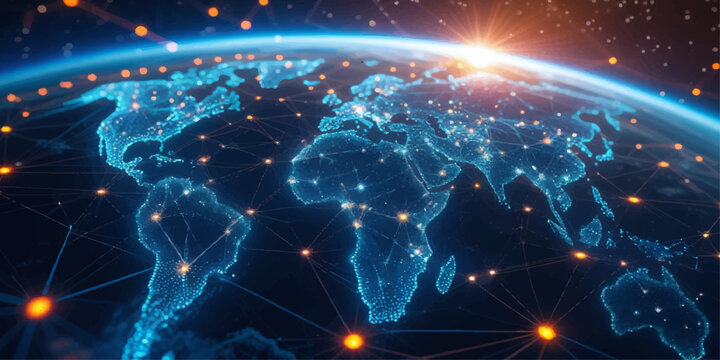 Abstract Blue Planet Earth with Glowing Stars, Digital Energy Waves and Futuristic Space Technology Background for Global Science and Business Concept Illustration