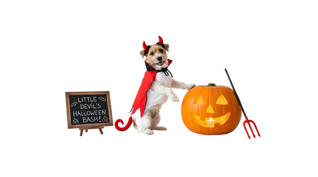Cute dog in devil costume with pumpkin and sign