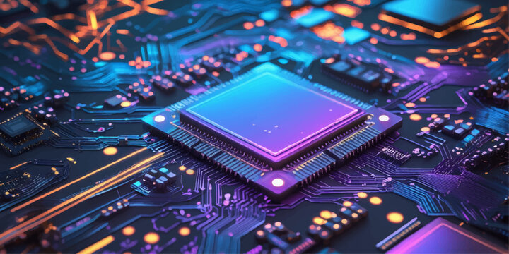 Close Up of Electronic Computer Circuit Board with Processor Microchip and PCB Components for Digital Technology Hardware Engineering and Motherboard Design