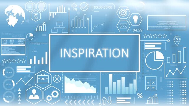 Inspiration, Animated Typography Hologram.Inspirational creative thinking and corporate vision display with glowing optimization metrics and progress charts on a blue screen.
