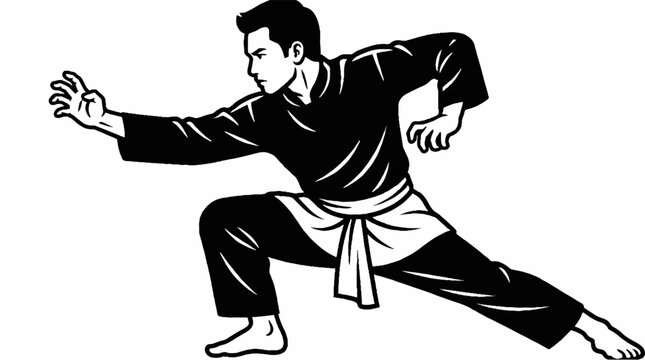 Martial Artist Performing Silat Move, Dynamic Action Pose, Black and White Illustration