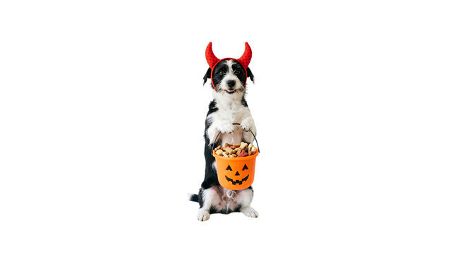 Halloween dog in devil horns holding treats