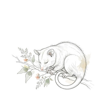 A white possum sleeps on a tree branch with flowers and leaves. The possum is curled up with its eyes closed, and its tail is wrapped around the branch. The art style is whimsical and detailed