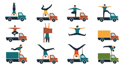 Fototapeta premium Acrobatic Team Performs Stunts on Flatbed Trucks, Balancing and Yoga Poses