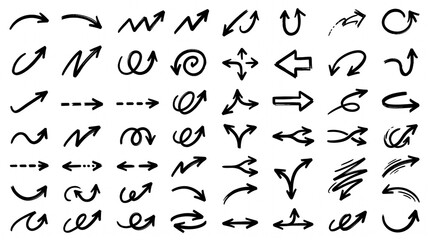 Obraz premium Collection of hand drawn arrows in black and white for various directional purposes.