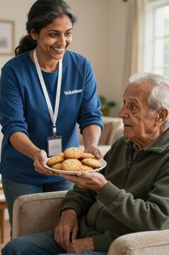 volunteer offering cookies to elderly man in cozy living room. concept of kindness and care