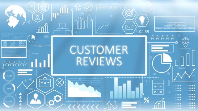 Customer Reviews, Animated Typography.Digital customer reviews and feedback evaluation screen featuring a glowing blue business interface with abstract performance analytics.