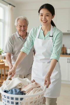 smiling caregiver assisting happy elderly man with laundry in bright modern kitchen setting