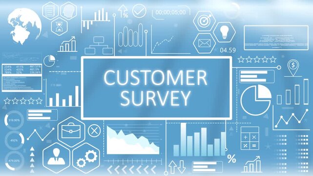 Customer Survey, Animated Typography.Digital customer survey and research evaluation screen featuring a glowing blue business interface with abstract audience performance charts.