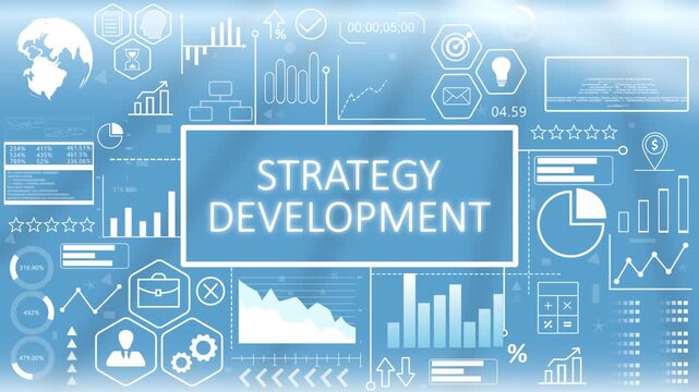 Strategy Development, Animated Typography.Corporate strategy development dashboard concept showing business growth plans and tactical roadmap charts on a blue graphic screen.
