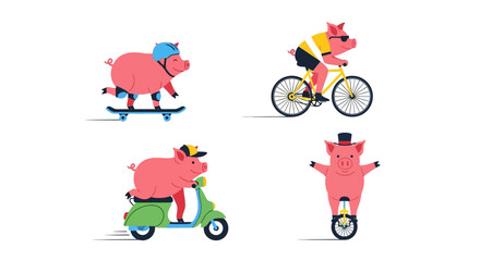 Cute Cartoon Pig Characters Engaged in Various Sports and Activities © salep