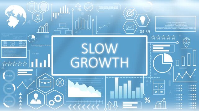 Slow Growth, Animated Typography.Economic slow growth trend dashboard template with a glowing blue digital business interface and market slowdown analytics charts.