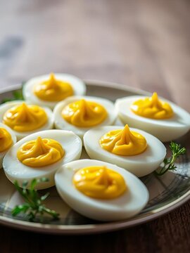 Golden yolks shining bright from a plate of deviled eggs, ||deviled eggs, finger food