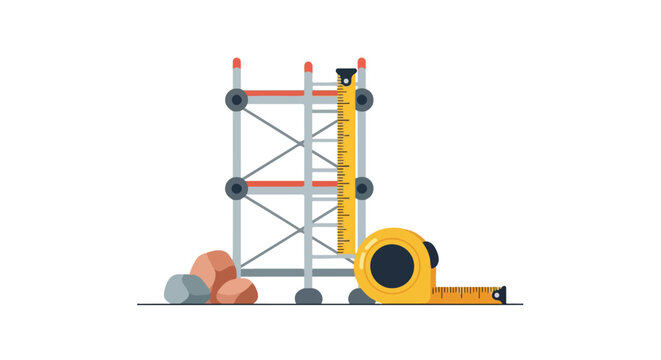 The image shows a flat illustration of construction tools, including a scaffold, a measuring tape, and some rocks, set against a white background.