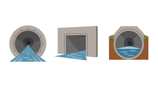 Set of Drainage Culvert and Sewer Pipe Icons with Water Flow
