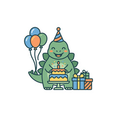 Naklejka premium Happy dinosaur wearing party hat cake.