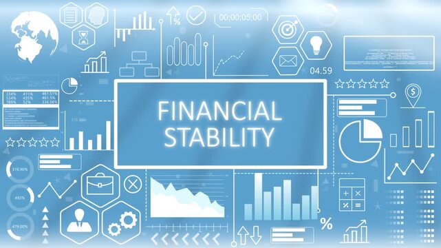 financial stability, Animated Typography.Global economy financial stability dashboard template with a glowing blue digital banking interface and market growth analytics charts.