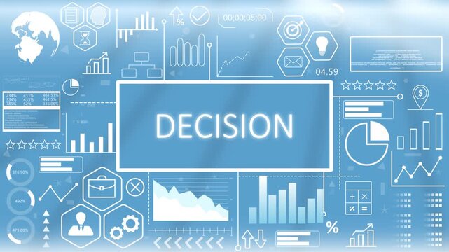Decision, Animated Typography.Corporate decision making analytics dashboard concept showing data-driven strategy formulation and risk assessment metrics on a blue graphic screen.