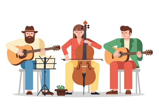 Cartoon Vector Illustration of a Jazz Band Performing with Acoustic Guitar Players and Cello Player Cool Musician Characters Playing Together on Stage
