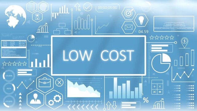 Low Cost, Animated Typography.Corporate budget optimization and low cost management dashboard concept showing financial efficiency metrics on a blue graphic screen.