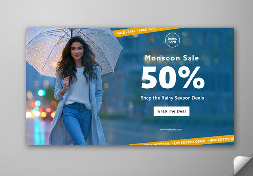 Editable Monsoon Sale TV Ads Banner Design with 50 Percent Discount and Young Woman Holding Umbrella in Rain Outdoor Photo.