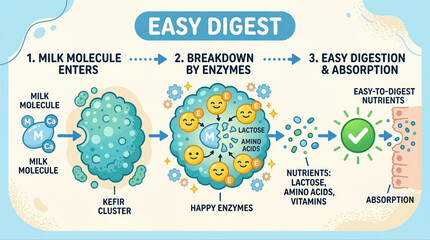Naklejka premium Illustration depicting the kefir digestion process showcasing the breakdown of milk molecules by enzymes in detail