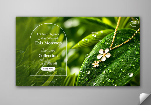 Editable Monsoon Jewellery Sale TV Ads Banner Design with Up to 50 Percent Off and Gold Necklace on Wet Leaves Rain Background Photo.