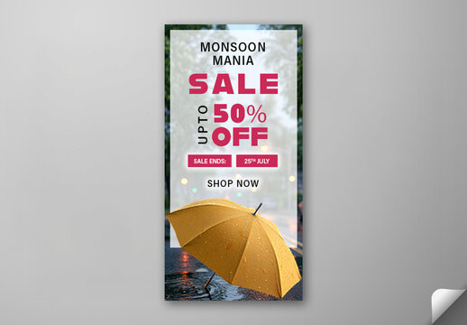 Editable Monsoon Mania Sale Half Page Banner Design with Up to 50 Percent Off and Yellow Umbrella in Rain.