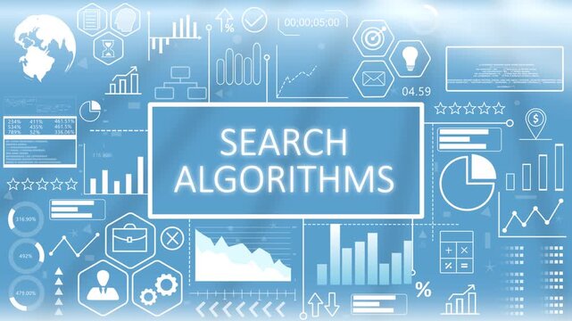 Search Algorithms, Animated Typography.Digital data optimization and search algorithms analysis screen featuring a glowing blue interface with technology performance charts.