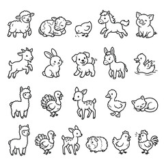 Obraz premium Kawaii farm animal doodles, 20 cute livestock line art icons, hand drawn minimalist animal illustrations for coloring and stickers